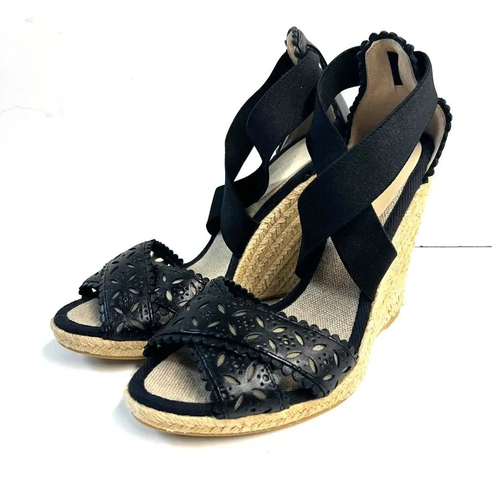 CLUB MONACO Llullo Wedge Sandals Espadrilles Size‎ 40 Black Leather NWOB